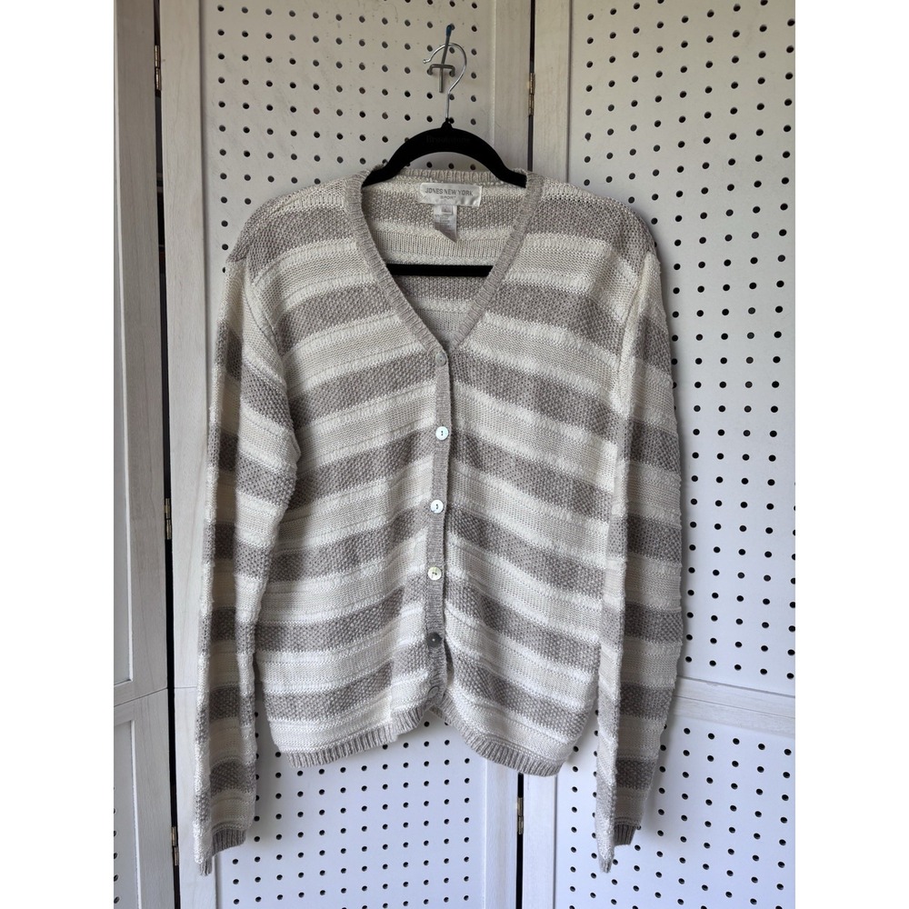 Jones New York Sport Women's Lg Button Cardigan Sweater Ivory Tan Cotton Linen